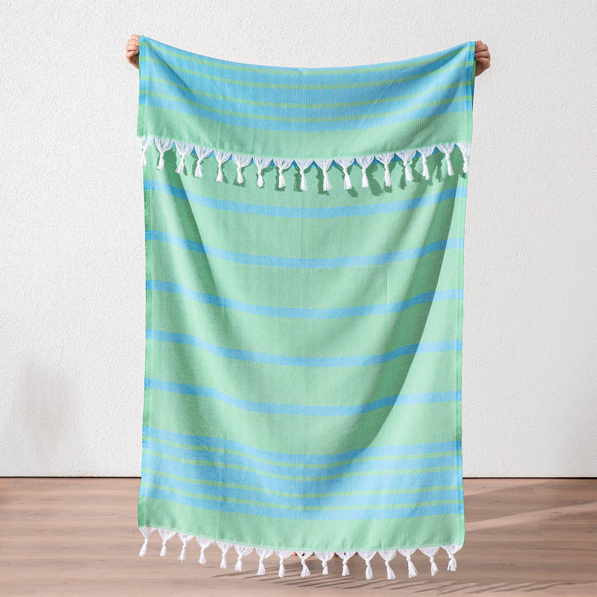 Luxe Herringbone Turkish towel – Green/Turquoise, green with turquoise stripes | Kikoya