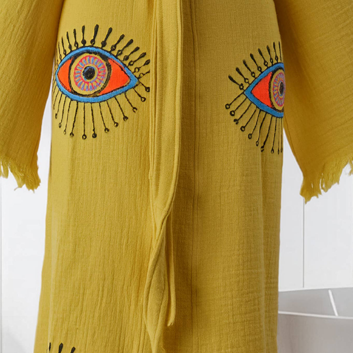 Block-print Turkish cotton kimono robe – Evil Eye Mustard | Kikoya
