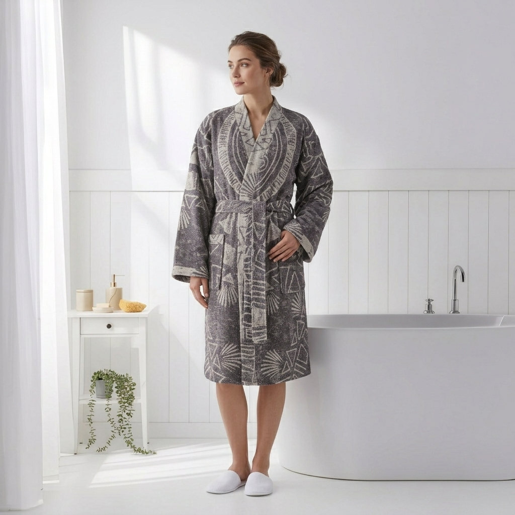 Storyteller print Turkish bathrobe – shawl collar | Kikoya