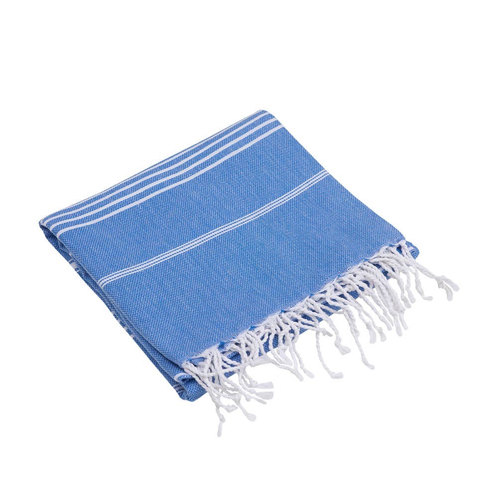 Sultan Turkish beach towel – Blue, folded with knotted fringe | Kikoya