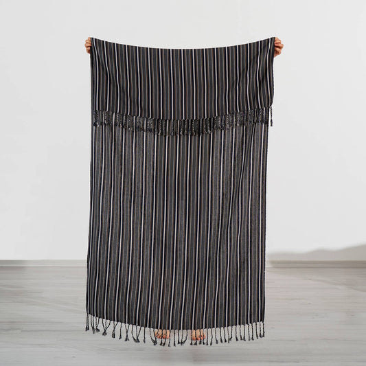 Graphite pinstripe Turkish peshtemal held open, 40x70 in | Kikoya