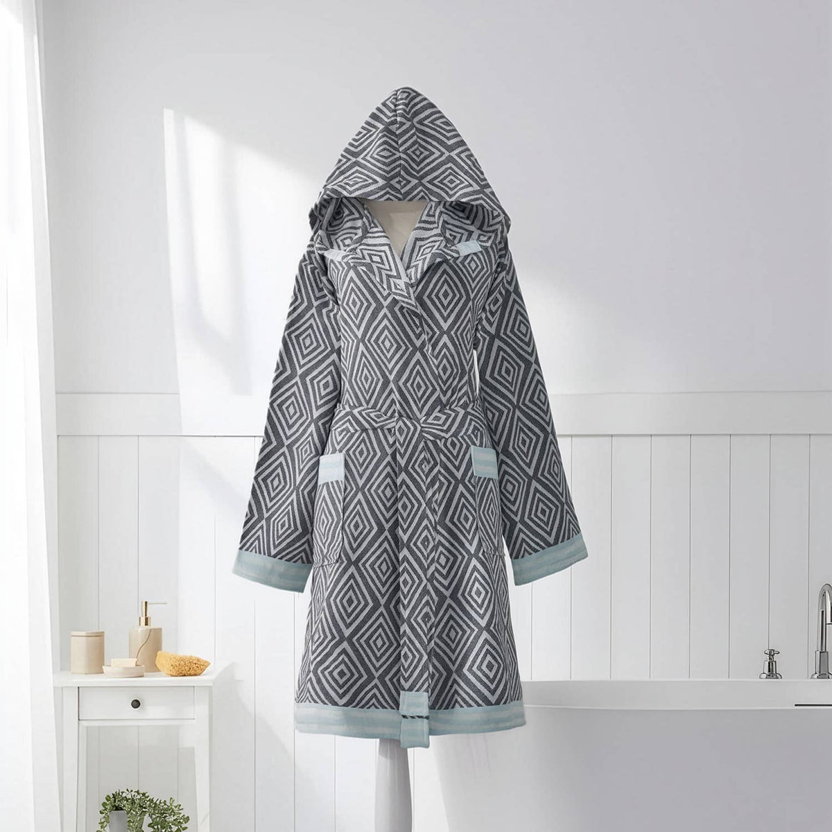 Diamond jacquard Turkish bathrobe – hooded, mustard trim | Kikoya