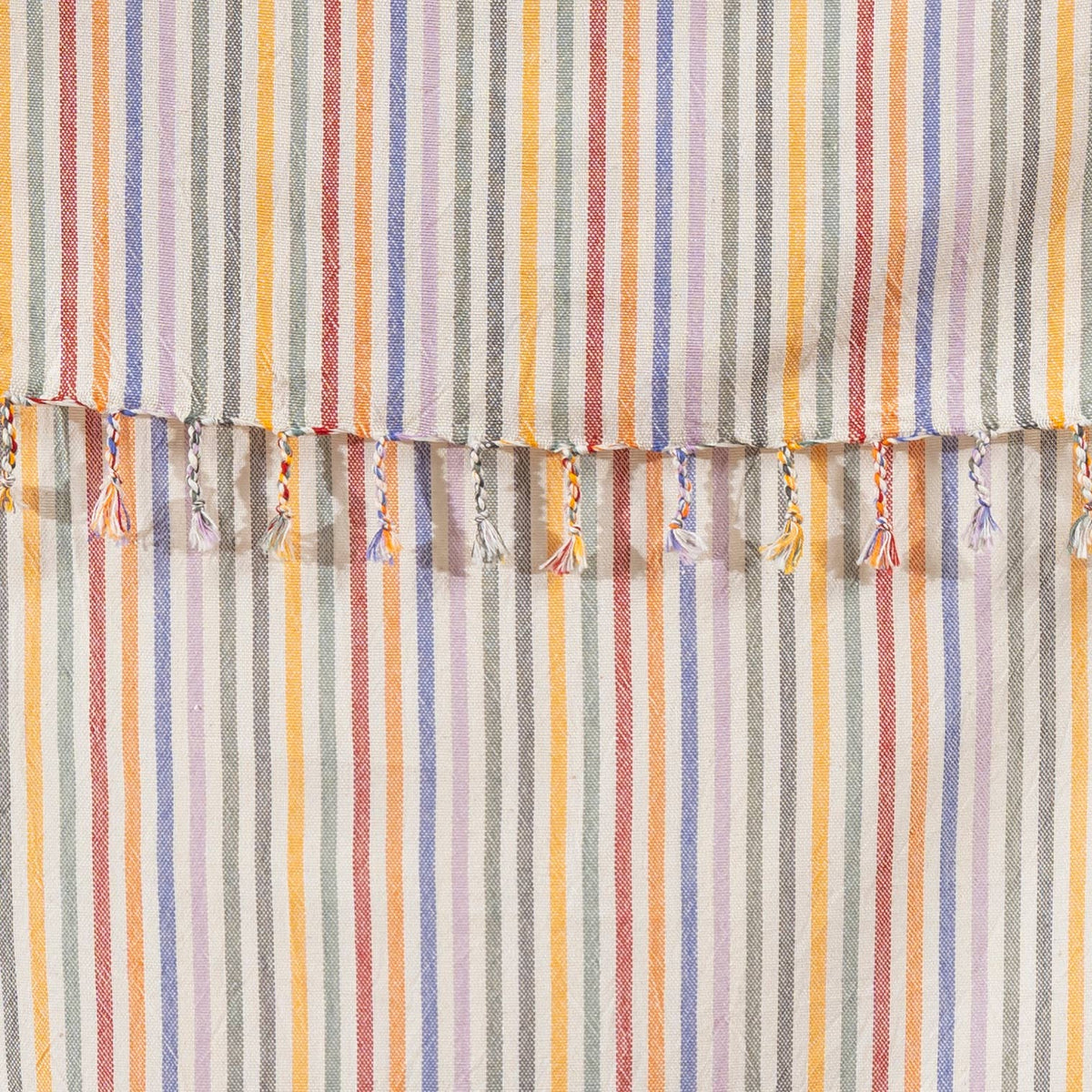 Lilac Rainbow Stripe peshtemal, knotted fringe detail | Kikoya