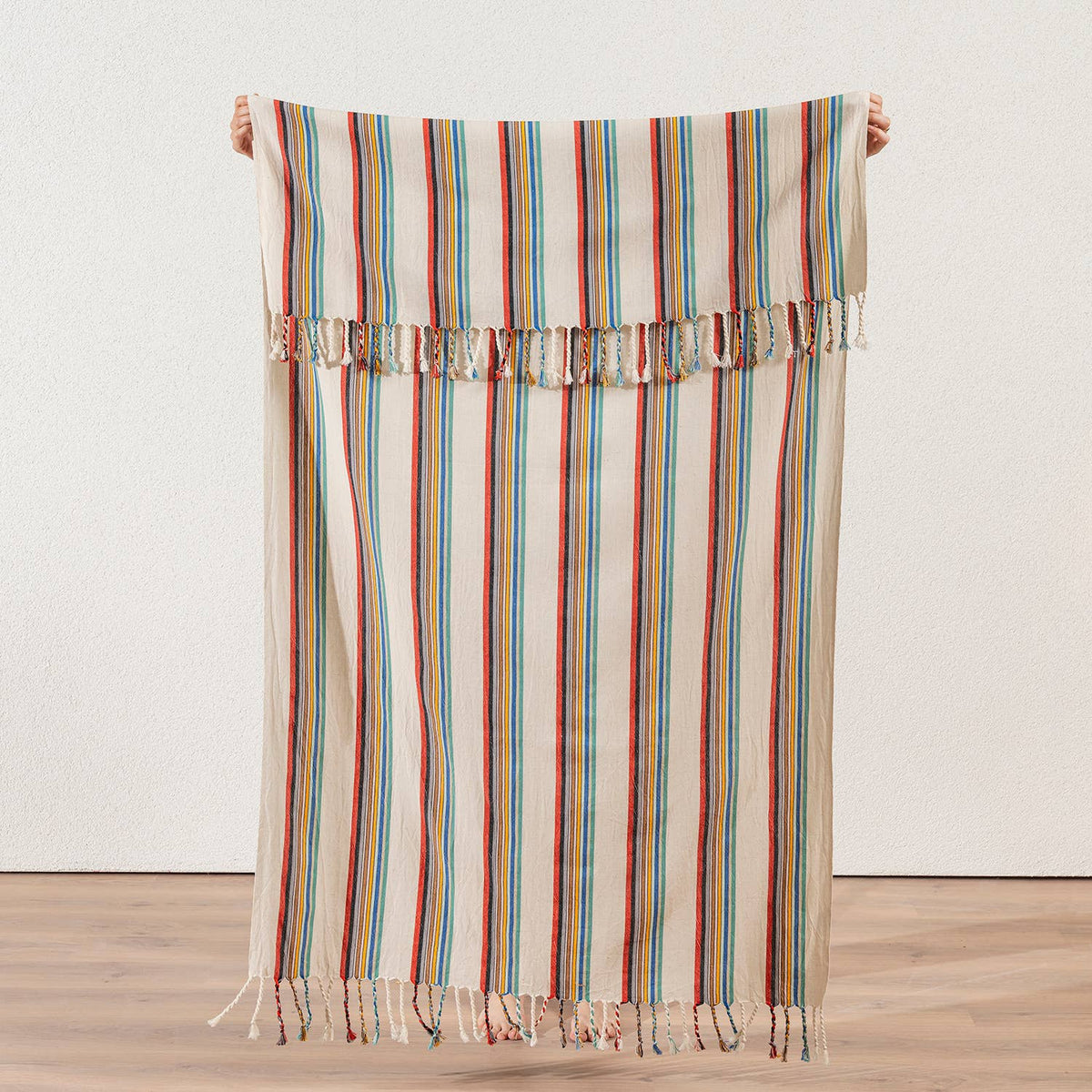 Premium Rustic Turkish beach towel in multicolour ticking stripe, 33x66 in | Kikoya