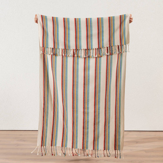 Premium Rustic Turkish beach towel in multicolour ticking stripe, 33x66 in | Kikoya