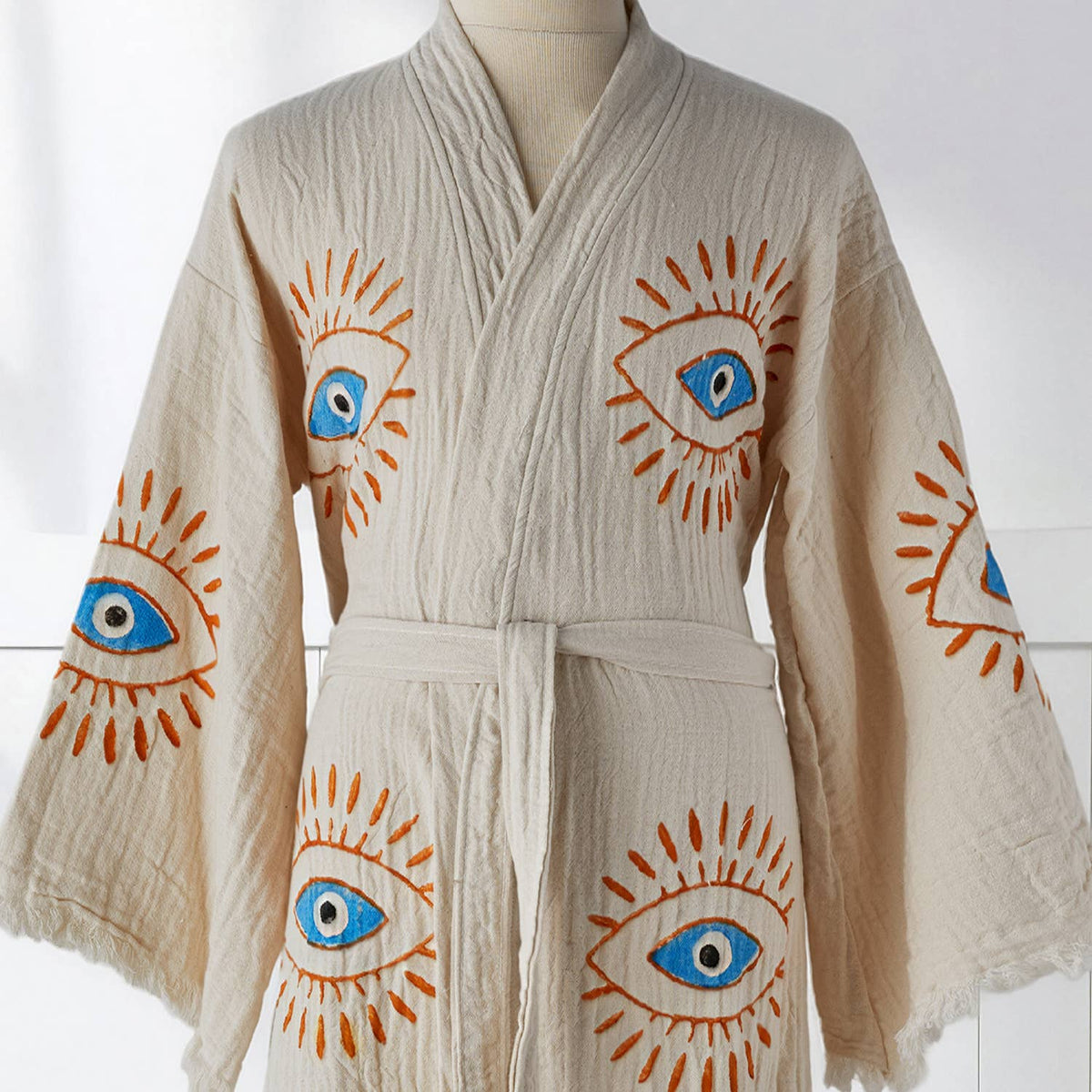 Block-print Turkish cotton kimono robe – Evil Eye Blue & Orange | Kikoya