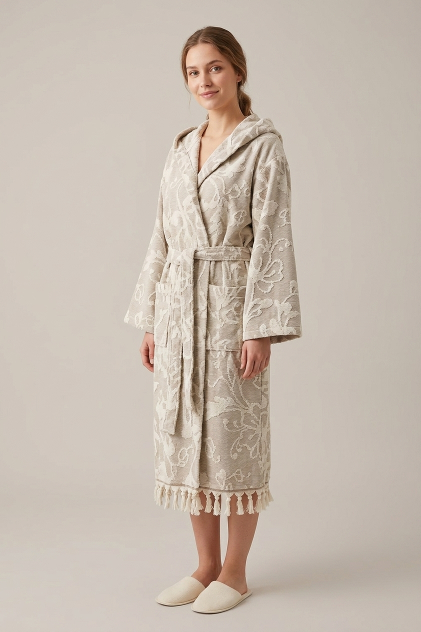 Garden raised terry Turkish bathrobe with a botanical jacquard, hooded | Kikoya