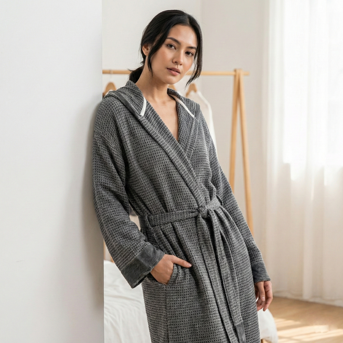 Stonewashed lightweight waffle Turkish bathrobe, hooded and belted | Kikoya