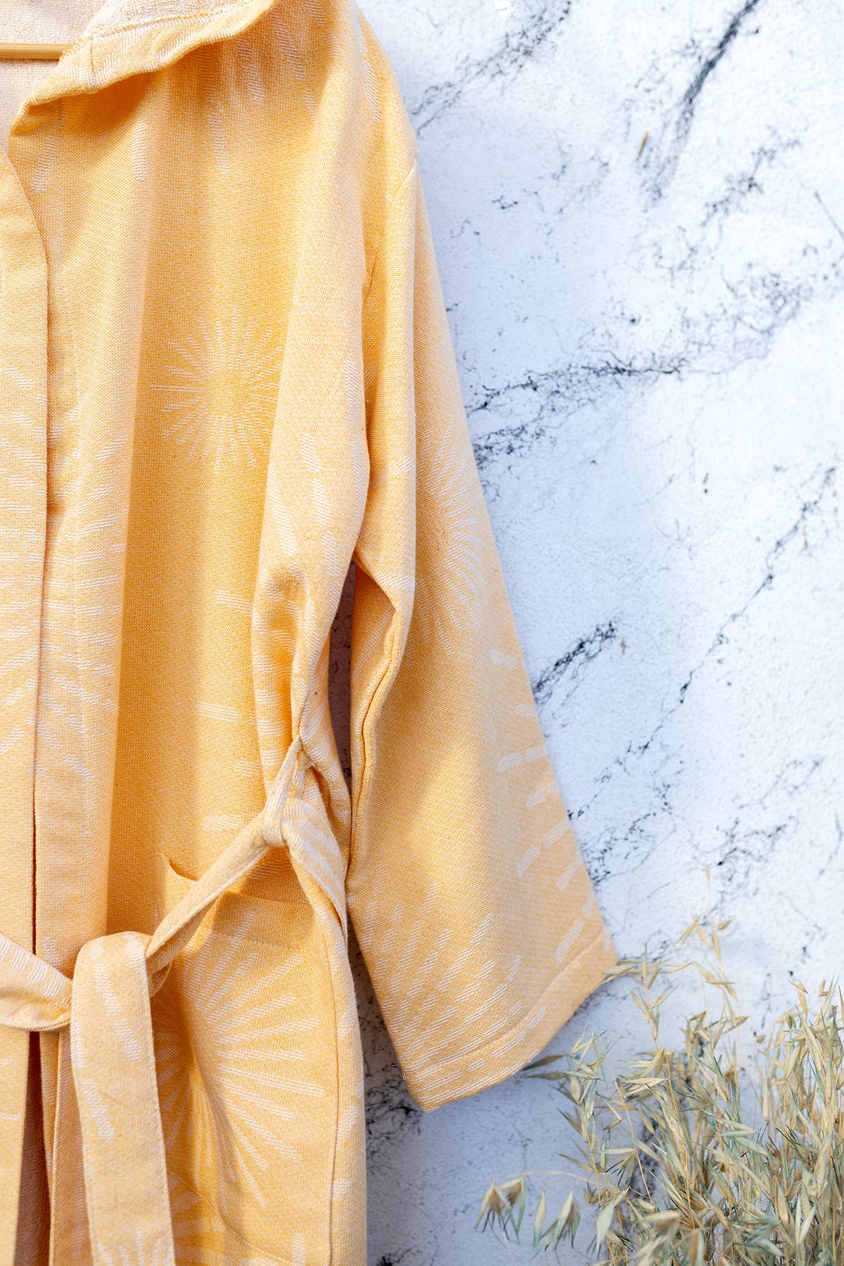 Sunburst terry-backed Turkish bathrobe, hooded, mustard | Kikoya