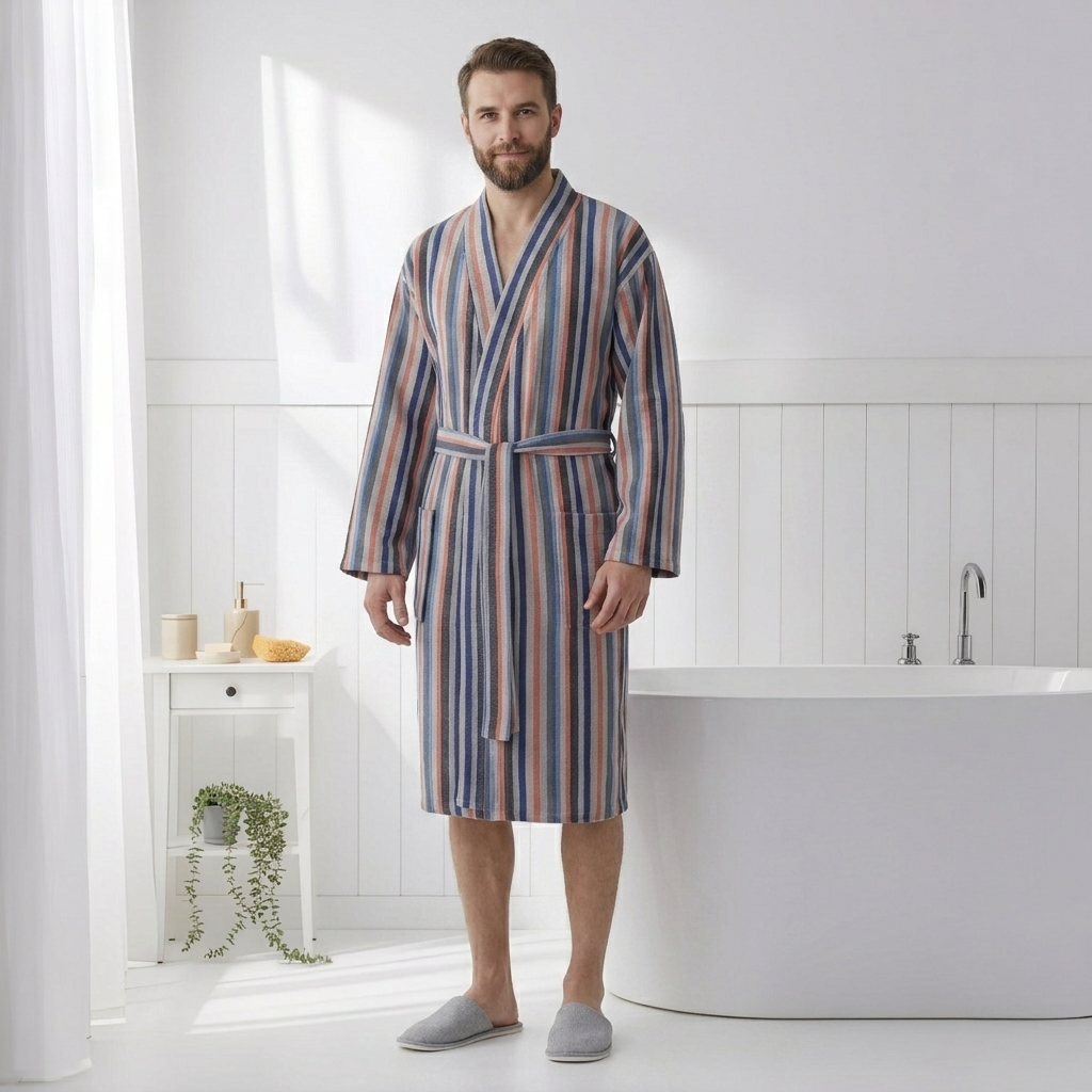 Antique Turkish kimono bathrobe – Navy & Red Stripe | Kikoya