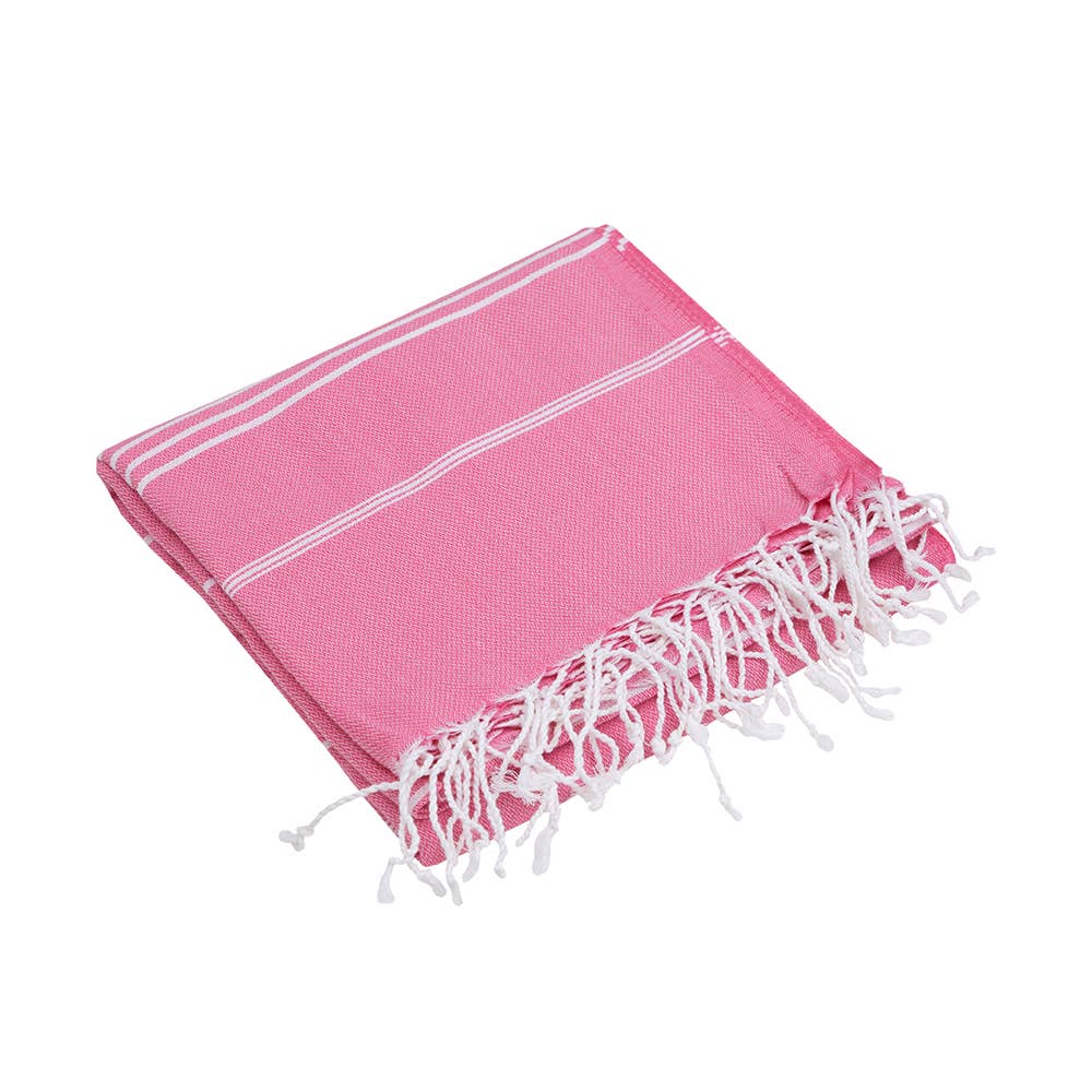 Sultan Turkish beach towel – Hot Pink, folded with knotted fringe | Kikoya