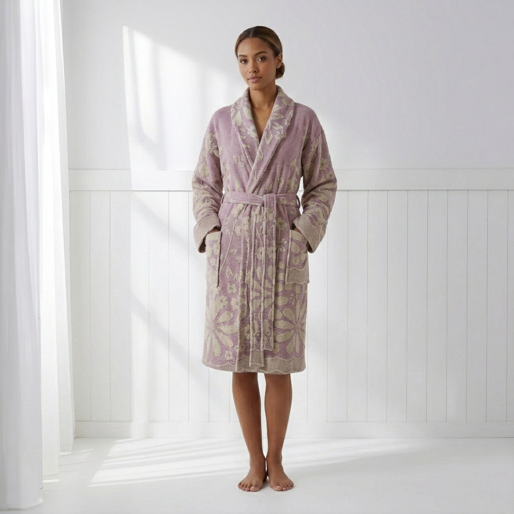 Daisy raised terry Turkish bathrobe – floral jacquard, shawl collar | Kikoya