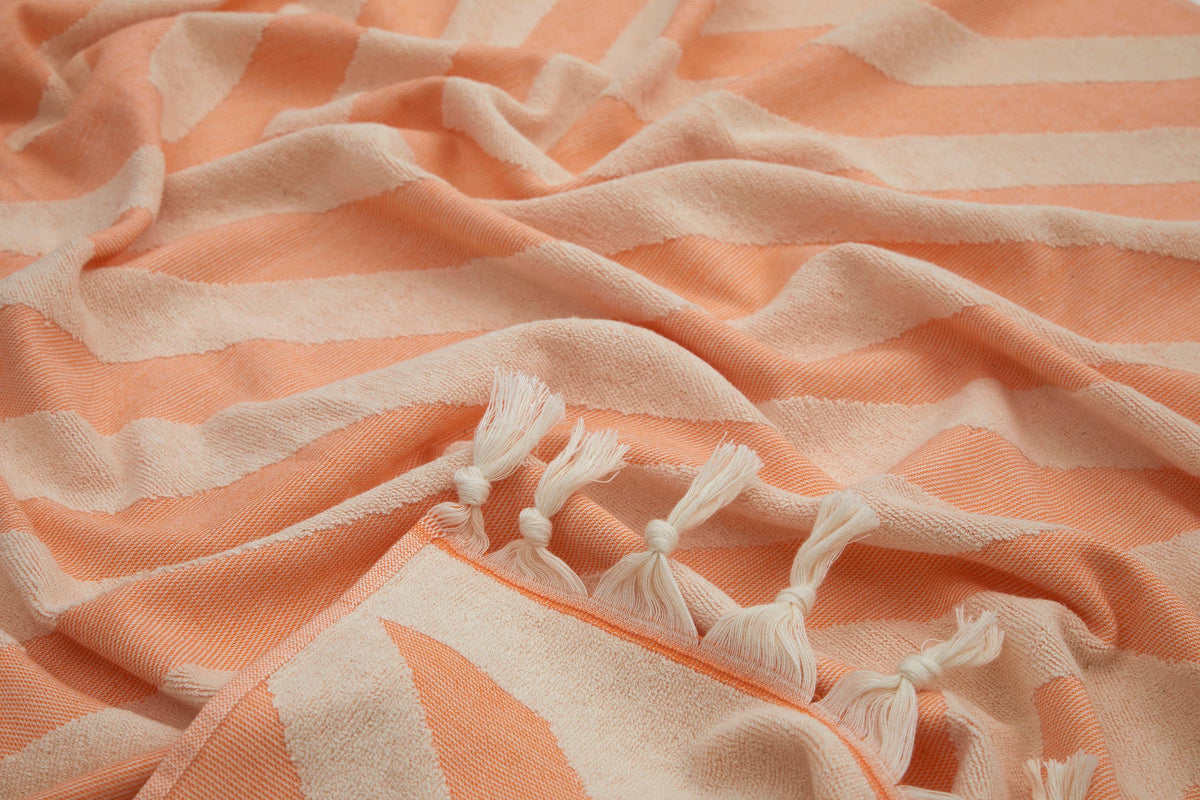 Harmony Turkish terry beach towel – Orange, full length view | Kikoya