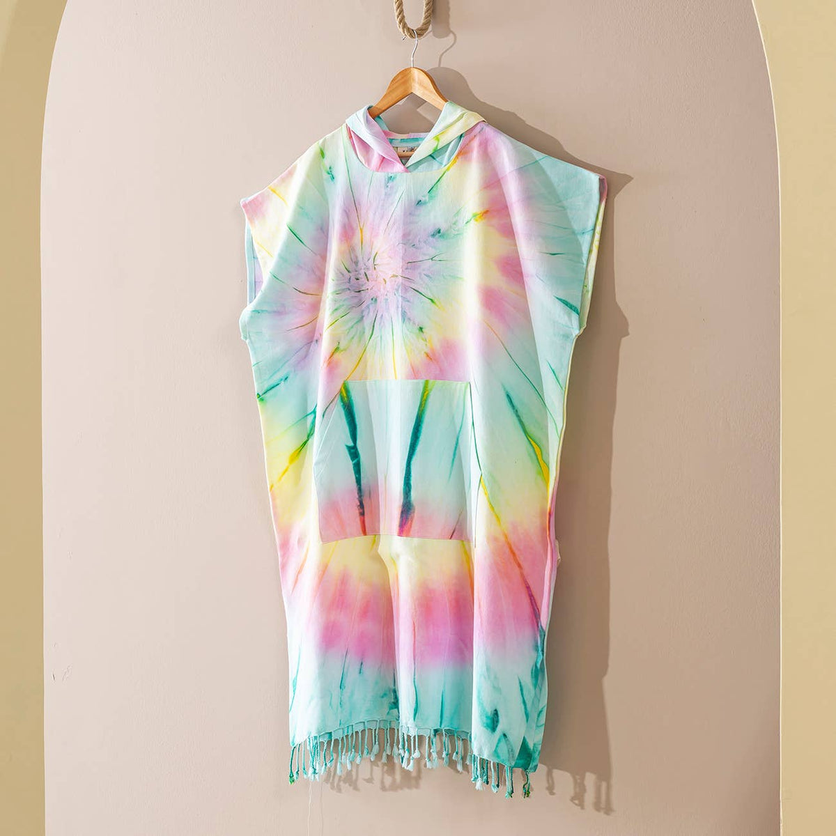 Supernova Adult Hooded Changing Poncho – Multicolor Tie-dye, front view | Kikoya