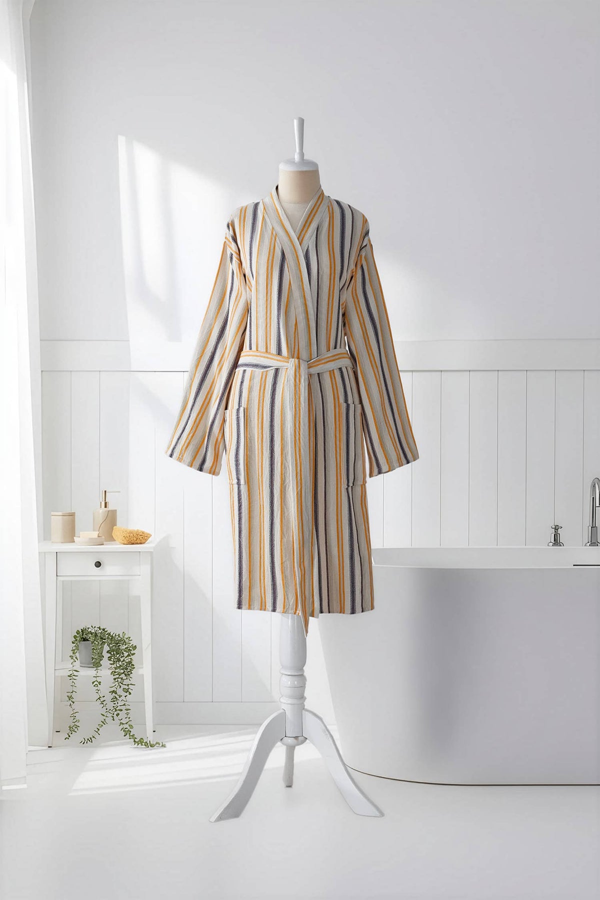 Multi stripe Turkish bathrobe in mustard & blue – kimono | Kikoya