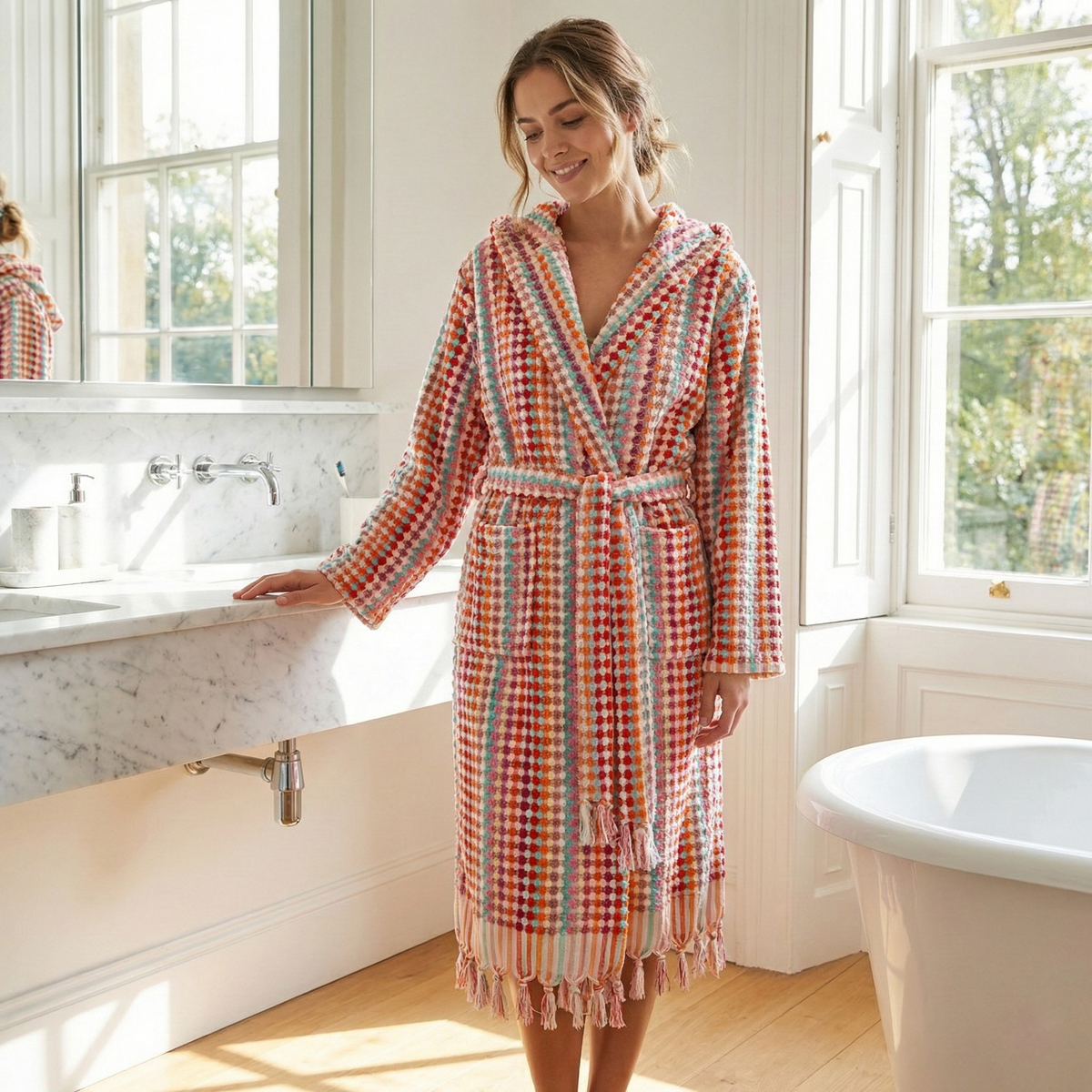 Pompom Turkish bathrobe – Pink Multi, Hooded, front view | Kikoya