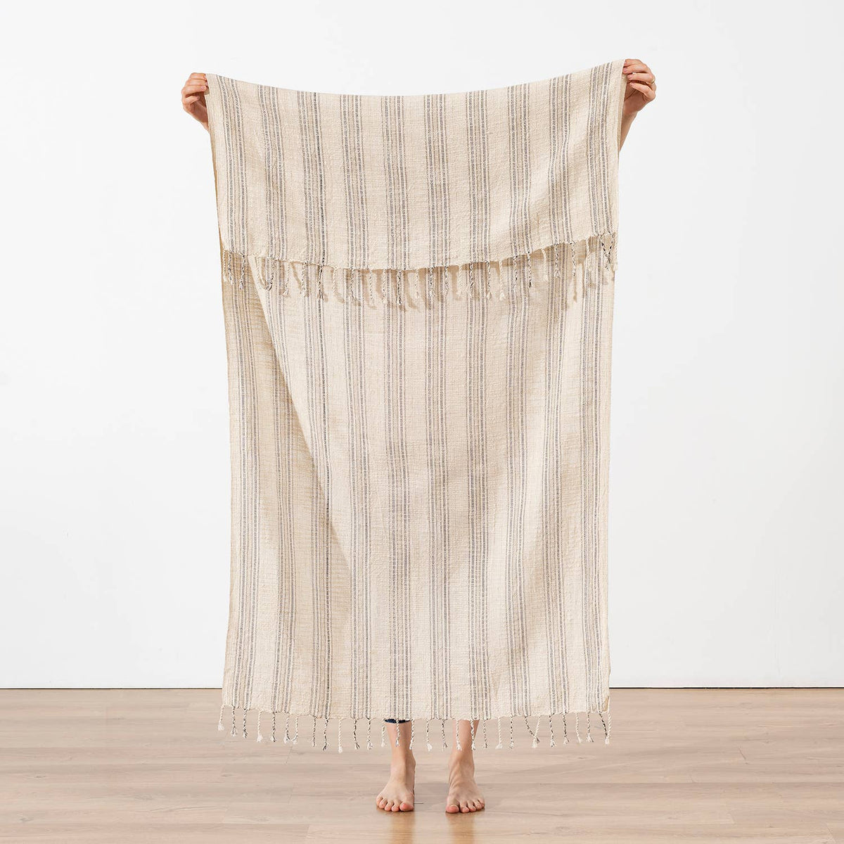 Premium Rustic Turkish beach towel – White & Grey Pinstripe, full length view | Kikoya