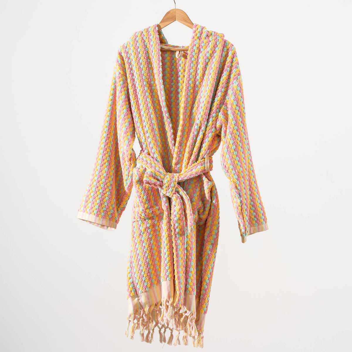 Pompom Turkish bathrobe – Pink & Orange, Hooded, close-up | Kikoya