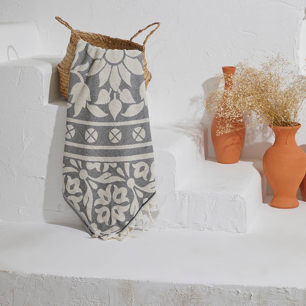 Mandala Turkish terry towel with a large woven medallion, 36x66 in | Kikoya