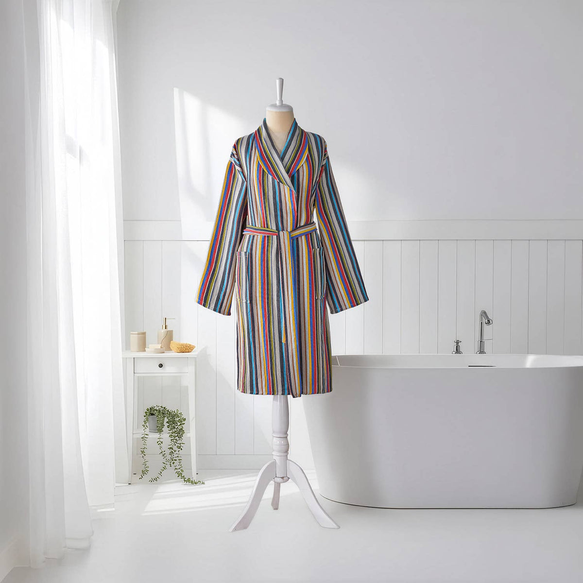 Multi stripe Turkish cotton bathrobe – shawl collar, belted | Kikoya