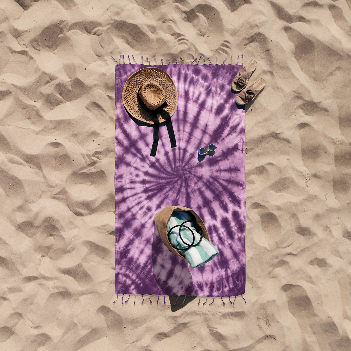 Tie-dye Turkish beach towel in plum and purple spiral, 33x65 in | Kikoya