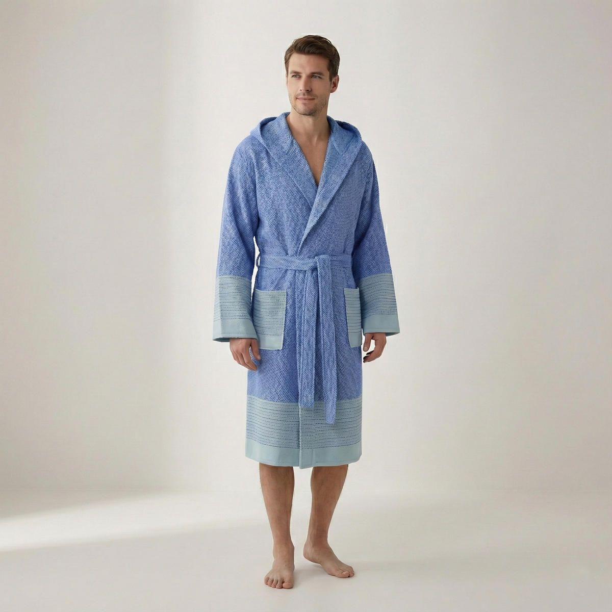 Color-block Turkish cotton bathrobe – hooded, striped border | Kikoya