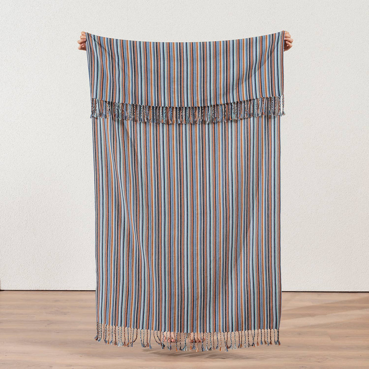 Premium Rustic Turkish beach towel – Rust & Denim Stripe | Kikoya