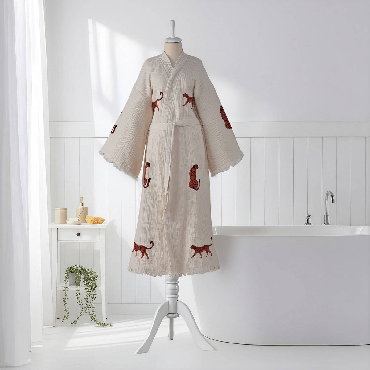 Block-print Turkish cotton kimono robe – Leopard Brown | Kikoya