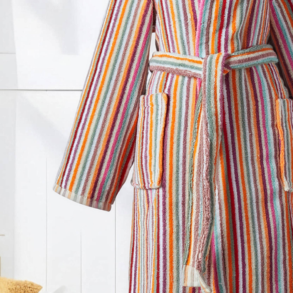 Pompom Turkish bathrobe – Pink Multi Stripe, Hooded, back view | Kikoya