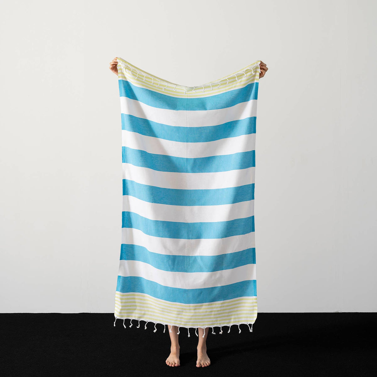 Cabana Turkish Beach Towel – Turquoise & Lime Stripe, 100% Cotton Peshtemal