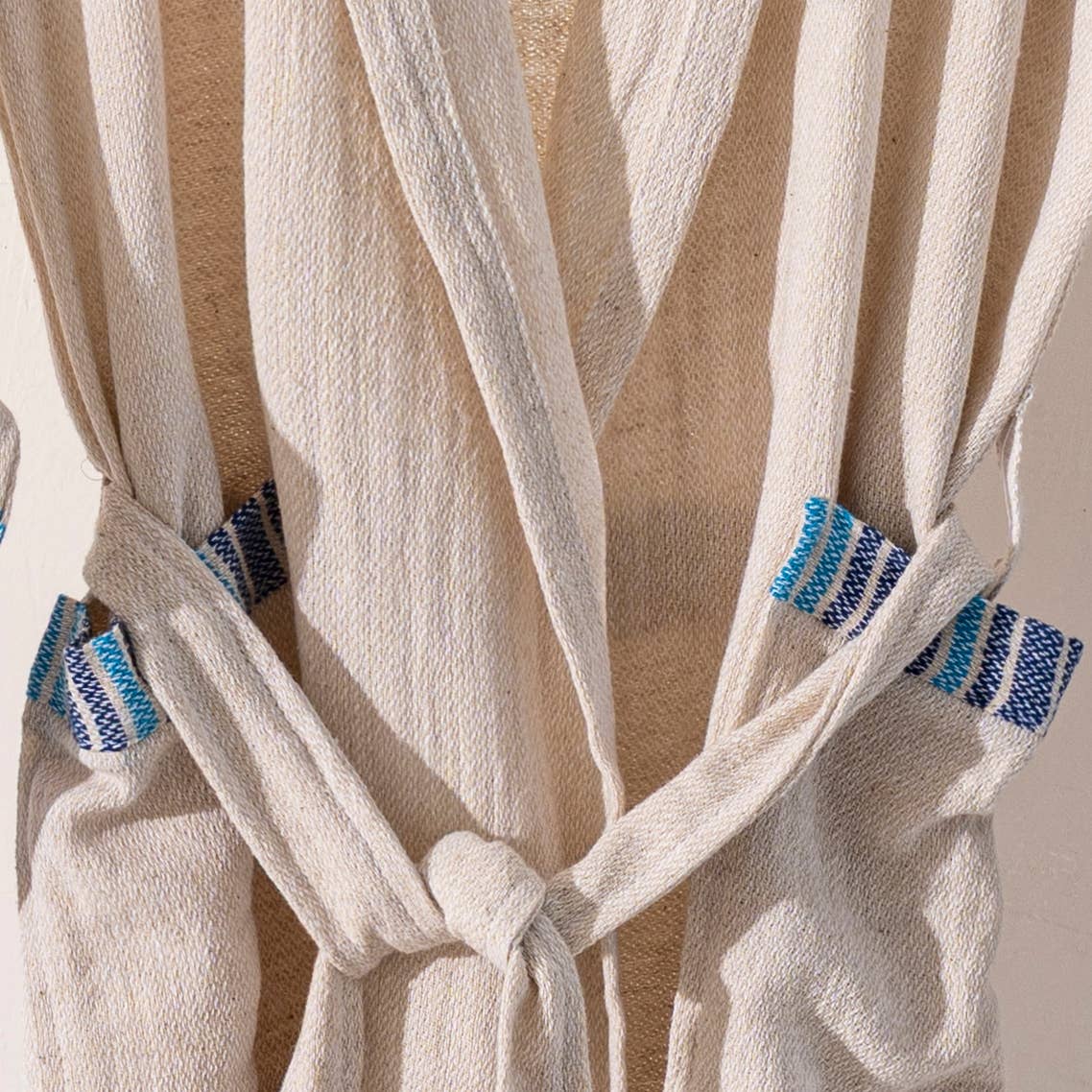 Linen-cotton Turkish bathrobe with blue stripe bands – kimono | Kikoya
