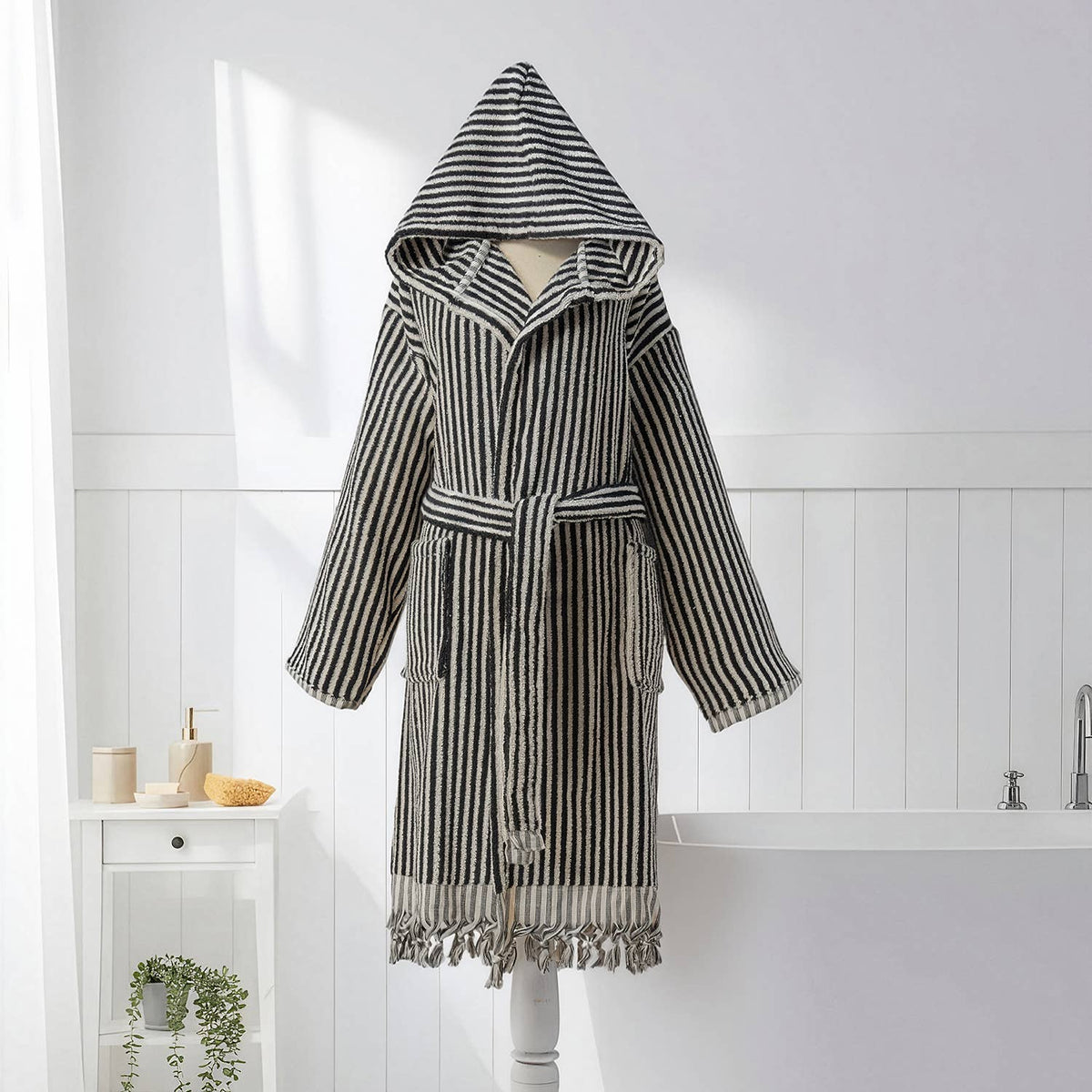 Pompom Turkish bathrobe – Black & White Stripe, Hooded, styled view | Kikoya