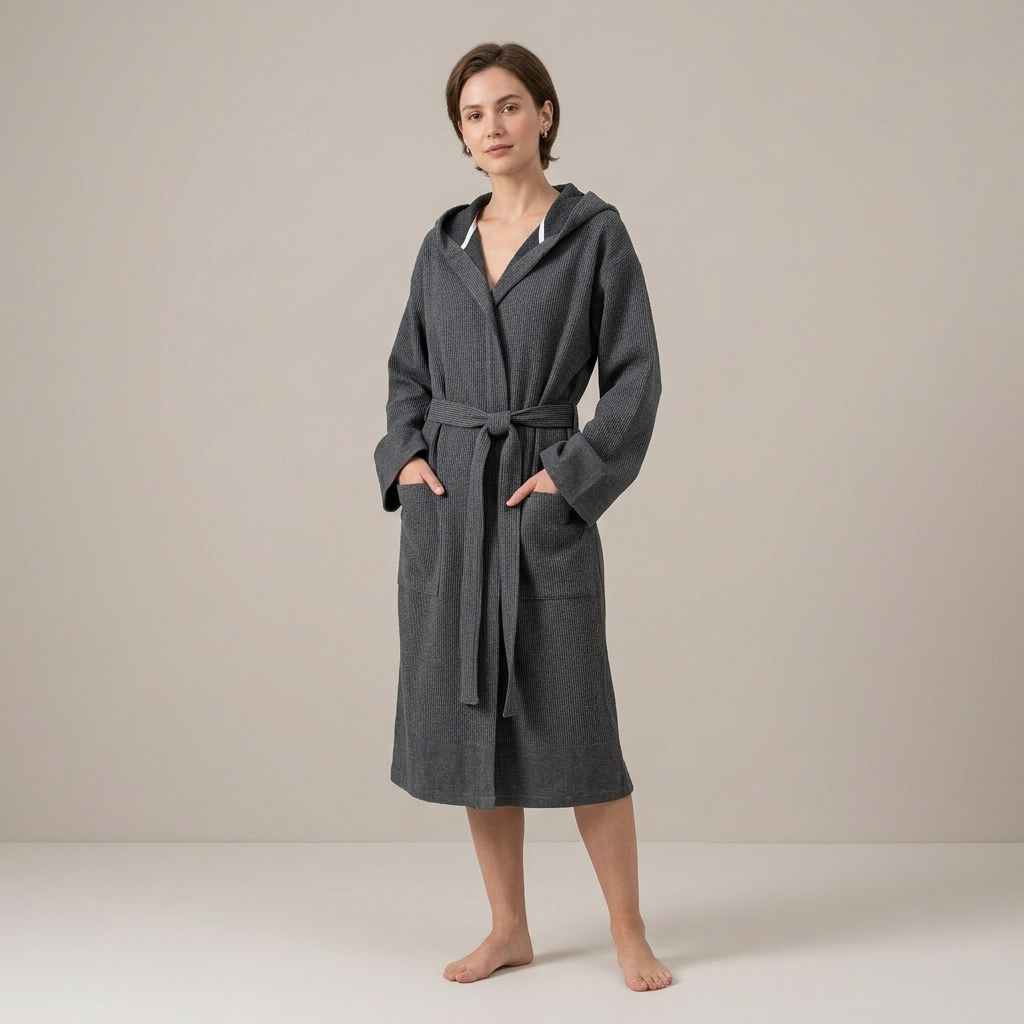 Stonewash waffle Turkish bathrobe, hooded and belted, in burgundy | Kikoya