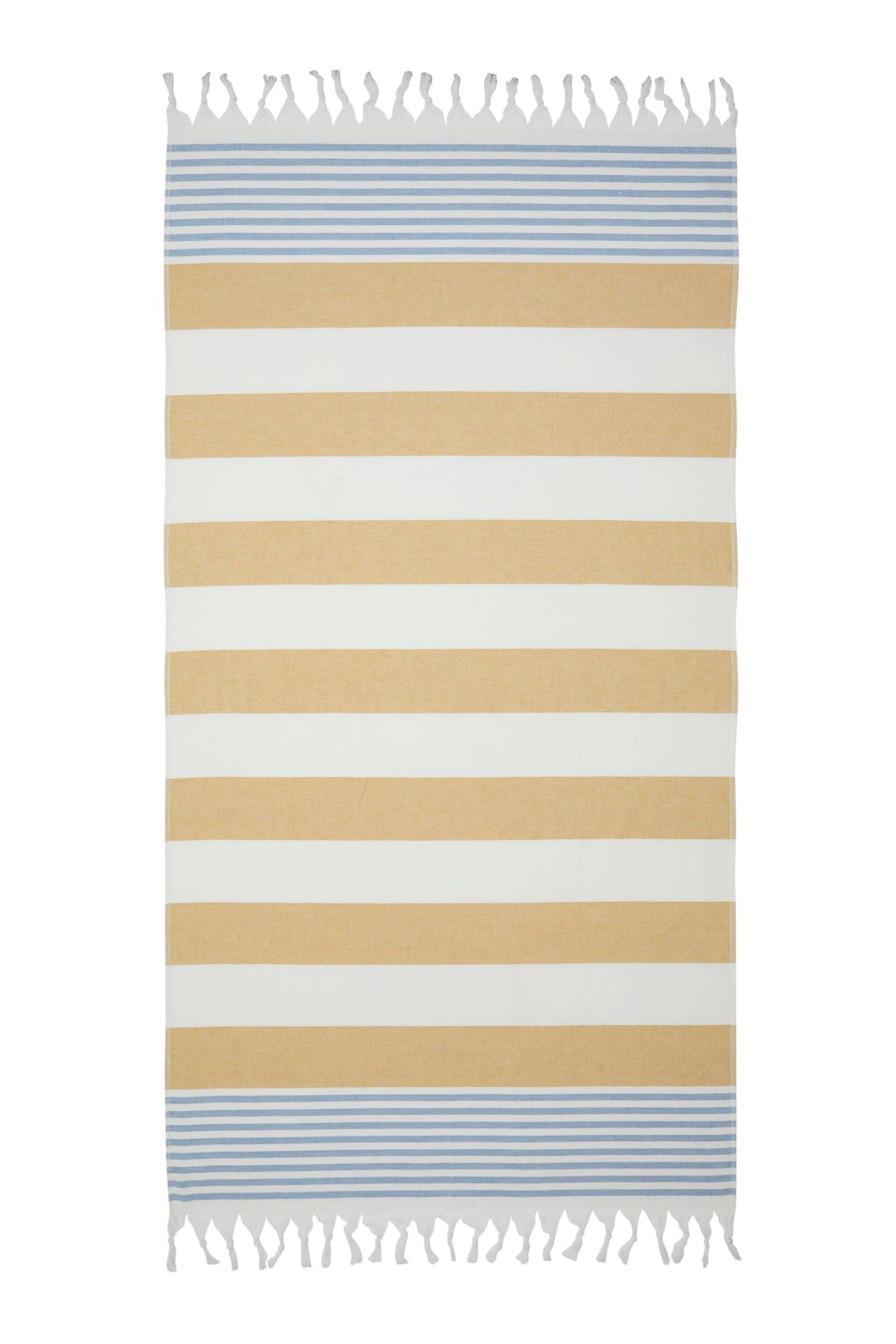 Mediterranean terry-backed Turkish towel in Blue & Mustard block stripe, 35x70 in | Kikoya