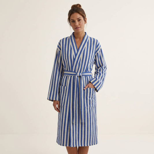 Zebra stripe Turkish cotton bathrobe in blue and cream, kimono collar with belt | Kikoya