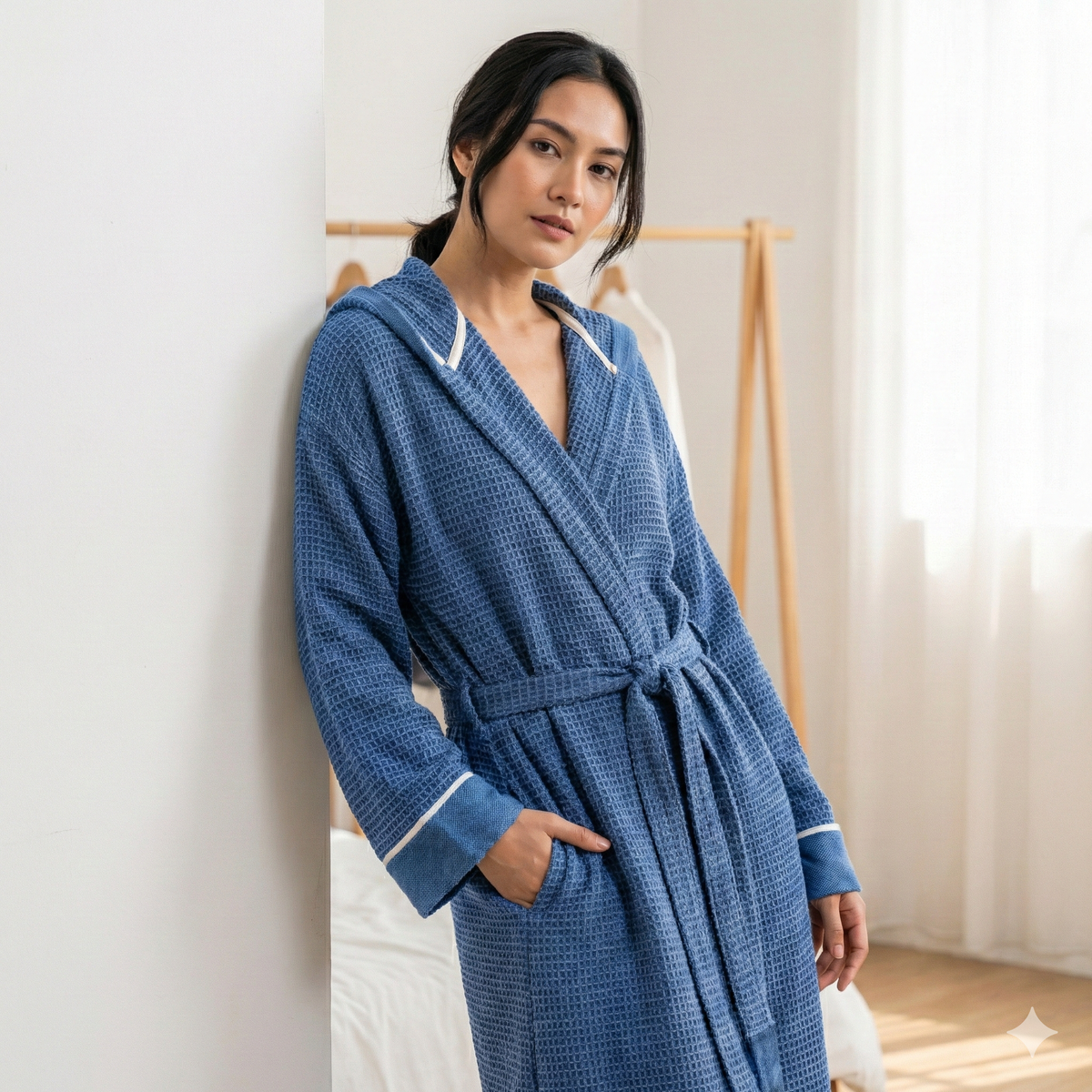 Stonewashed lightweight waffle Turkish bathrobe, hooded and belted | Kikoya