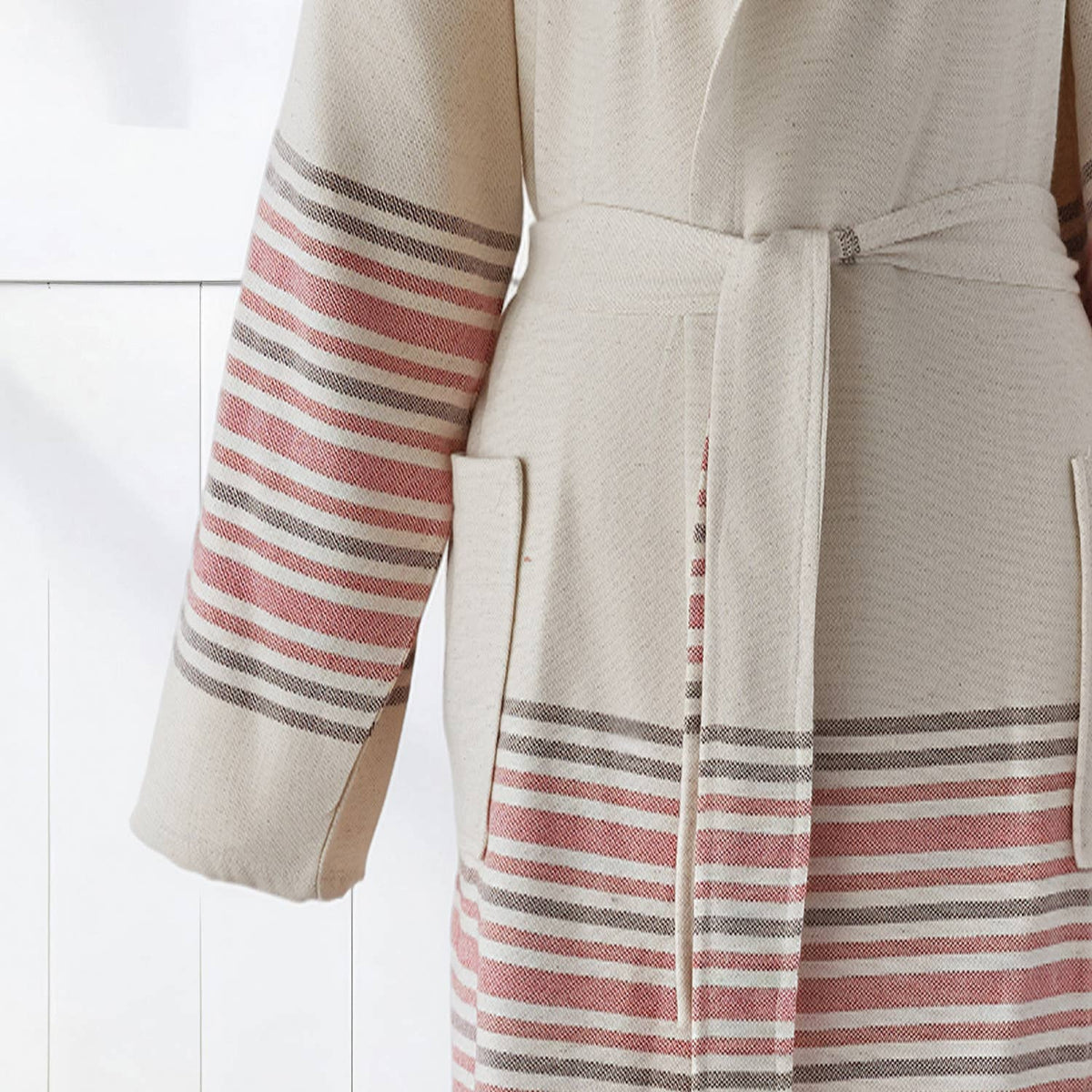 Linen-cotton Turkish bathrobe with terracotta stripes – hooded | Kikoya