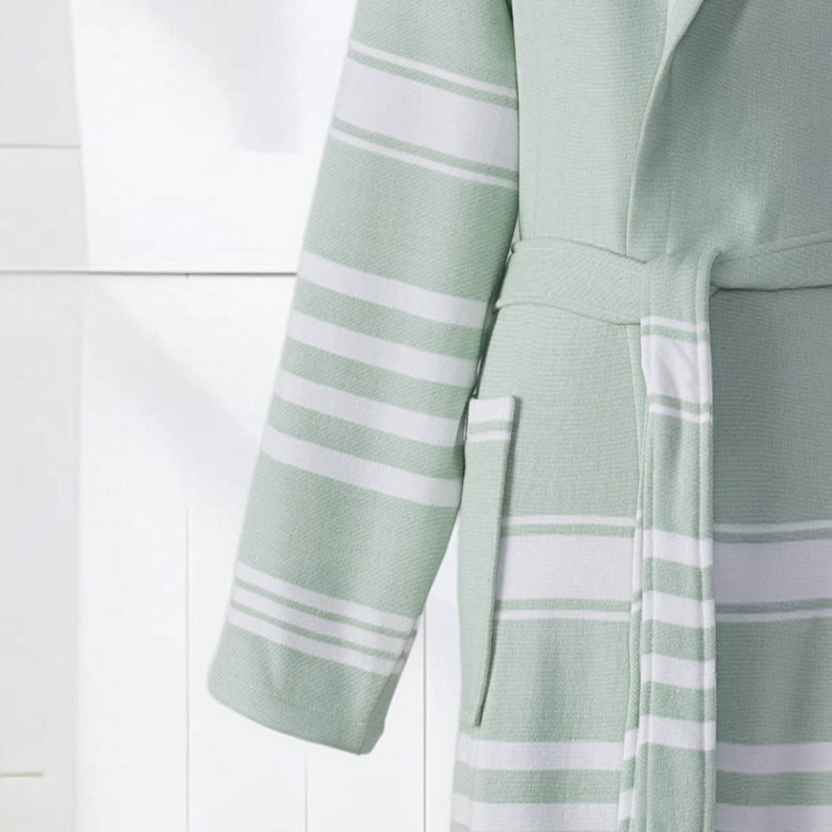 Terry-backed Turkish bathrobe in pastel stripe – hooded | Kikoya