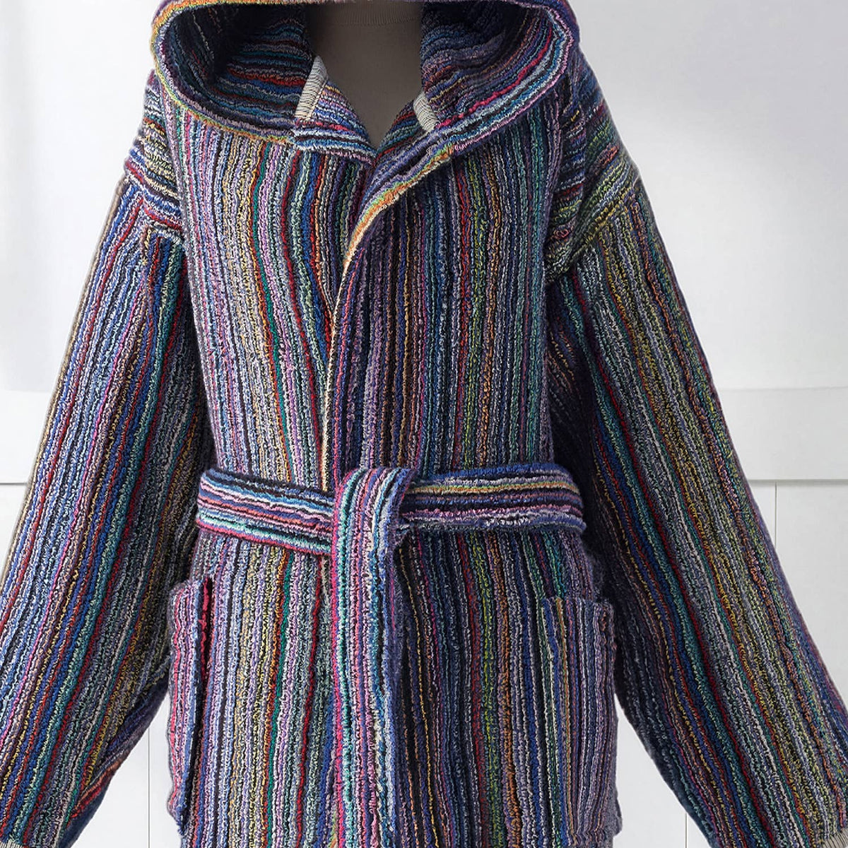 Pompom Turkish bathrobe – Purple Multi Stripe, Hooded, back view | Kikoya