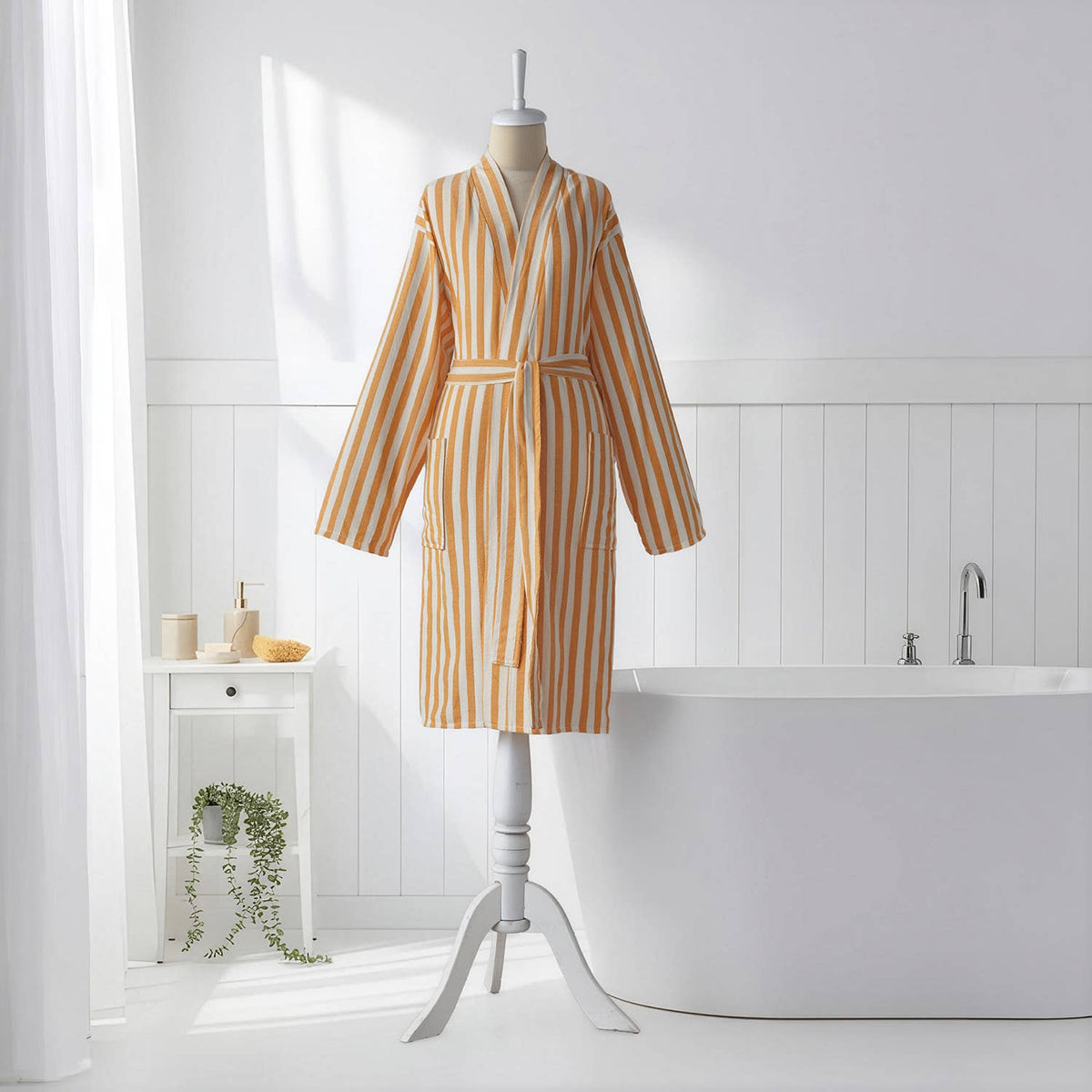 Yellow and cream zebra stripe Turkish bathrobe on a mannequin, full length | Kikoya