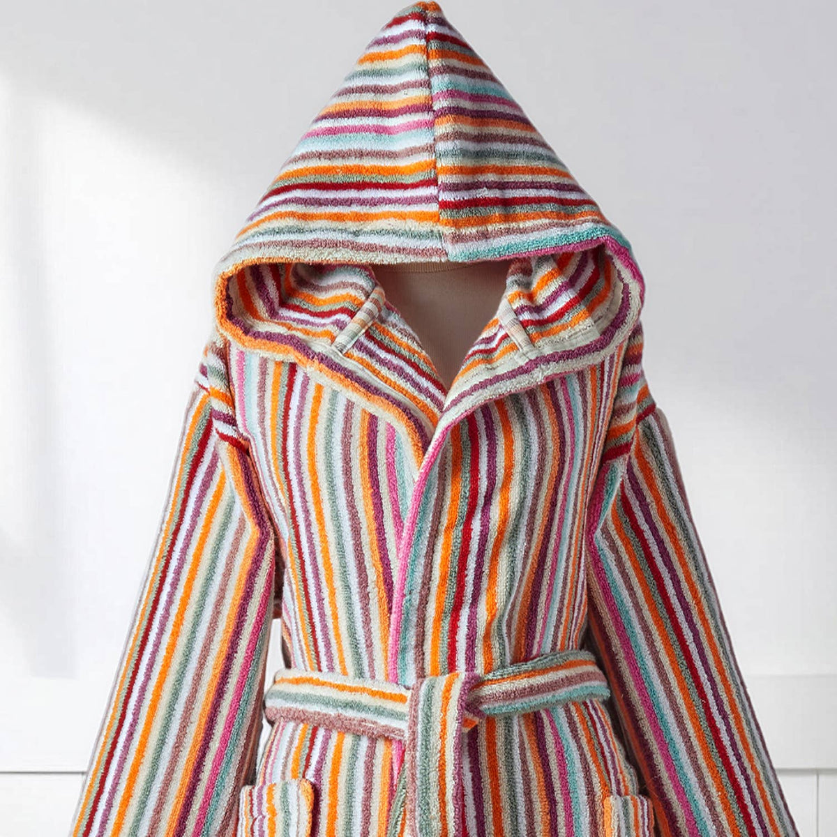 Pompom Turkish bathrobe – Pink Multi Stripe, Hooded, texture detail | Kikoya