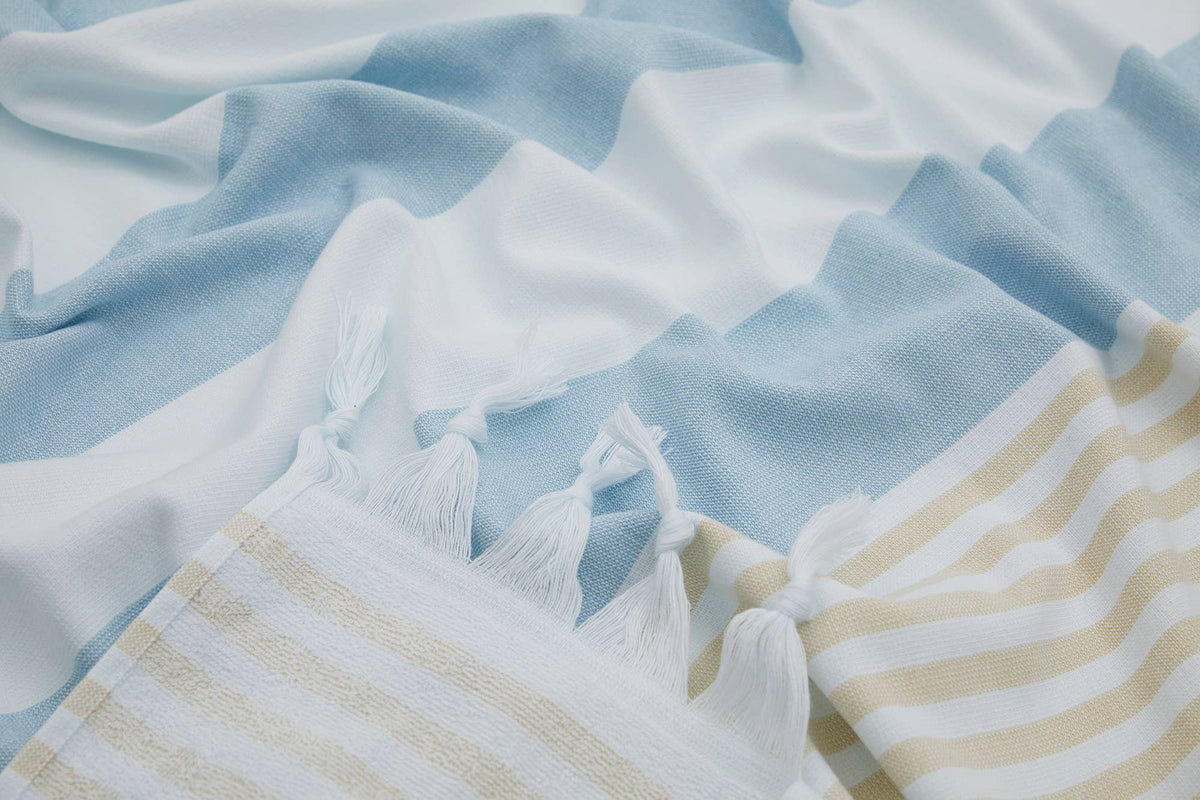 Mediterranean terry-backed Turkish towel in two-tone block stripe, 35x70 in | Kikoya
