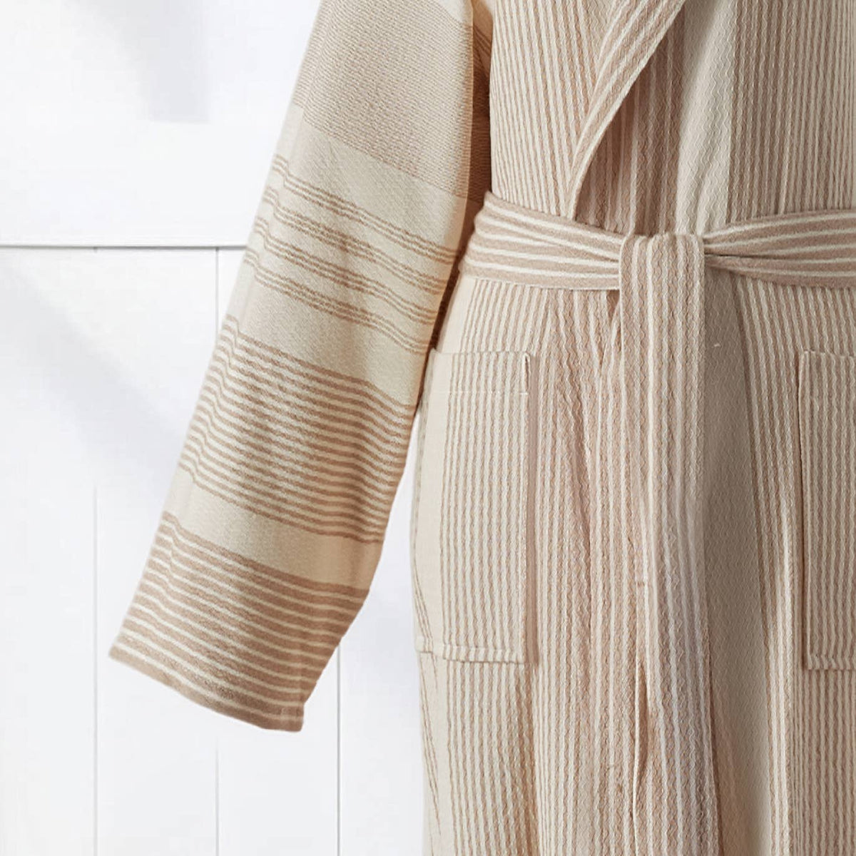 Ribbed Turkish cotton bathrobe – hooded, contrast bands | Kikoya