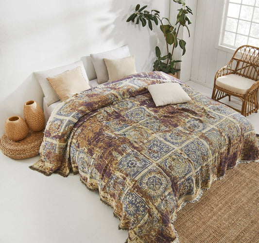 Rustic Turkish cotton muslin bedspread – vintage medallion, styled on a bed | Kikoya