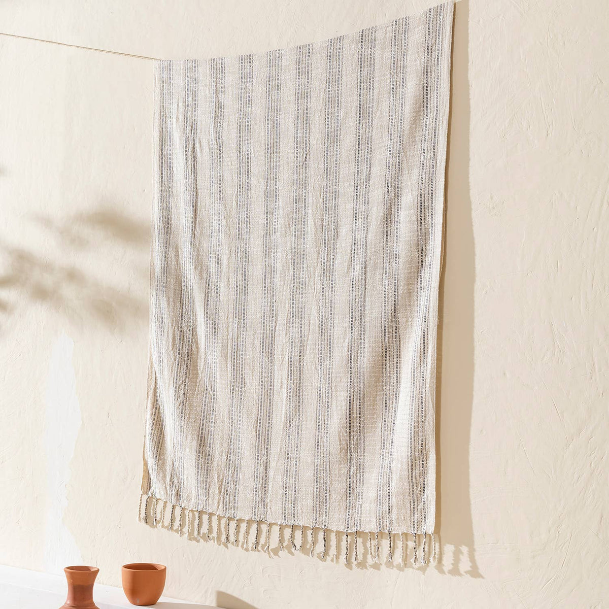 Premium Rustic Turkish beach towel – White & Grey Pinstripe, alternate view | Kikoya