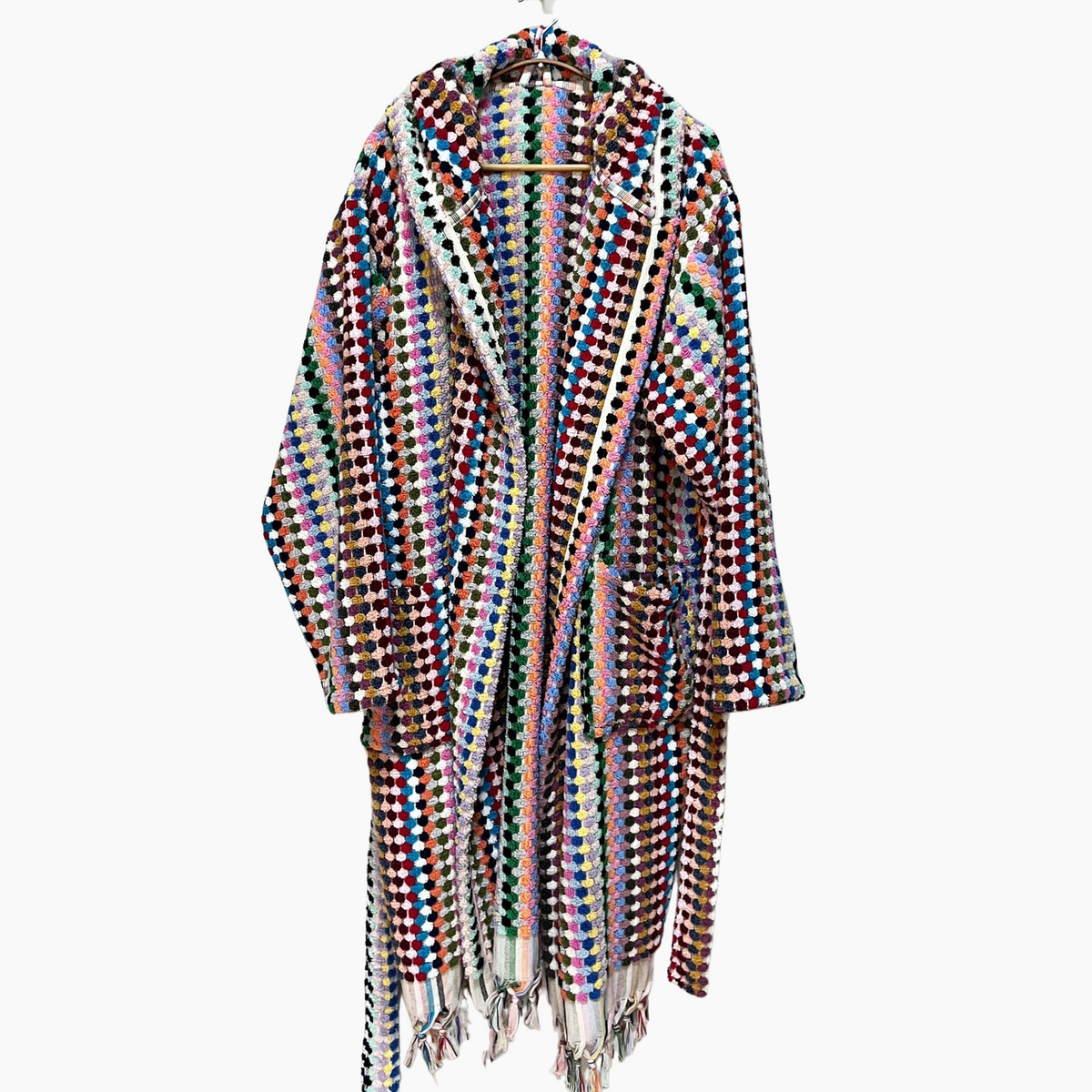 Pompom Turkish bathrobe – Multicolor, Hooded, collar detail | Kikoya