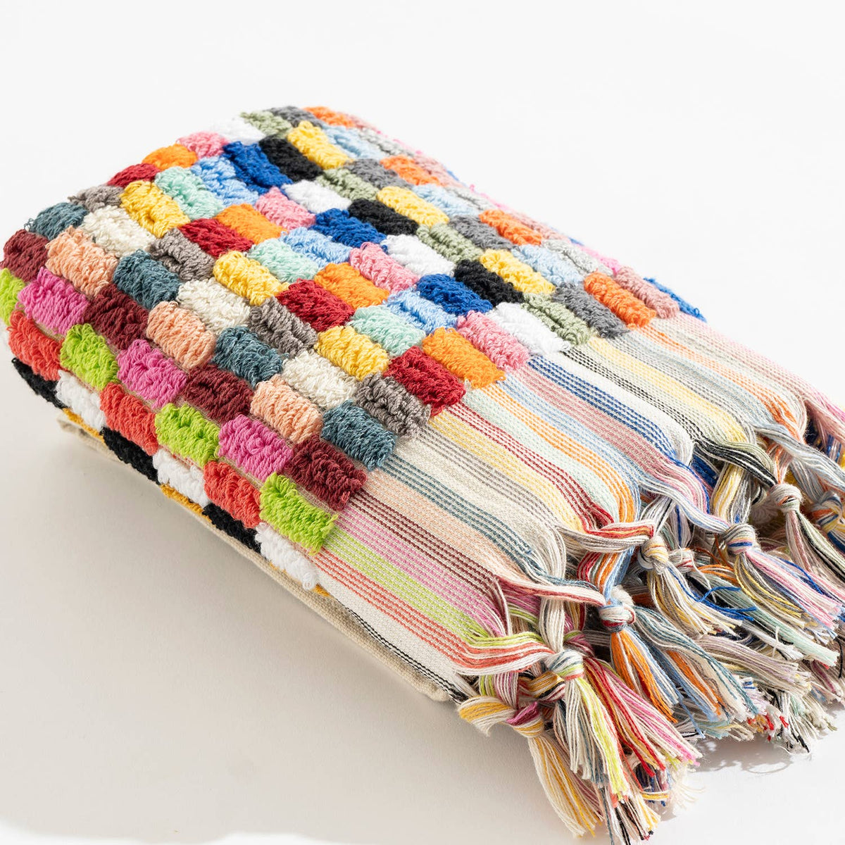 Lokum pompom Turkish hand towel, 17x38 in, handloomed check with pompom fringe | Kikoya