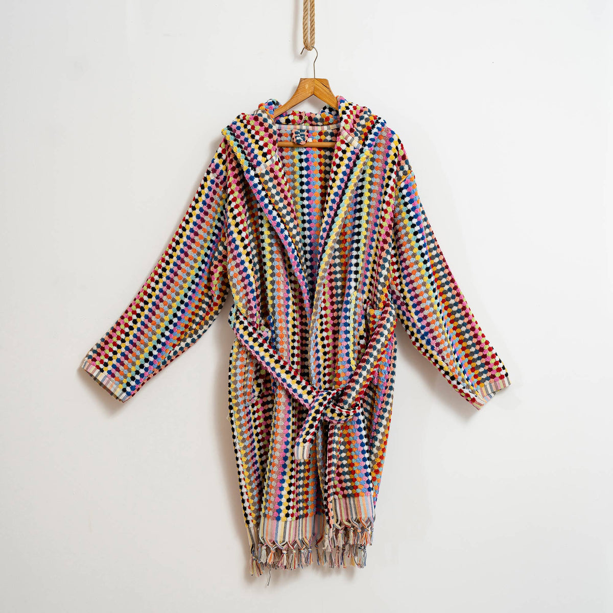 Pompom Turkish bathrobe – Multicolor, Hooded, alternate view | Kikoya