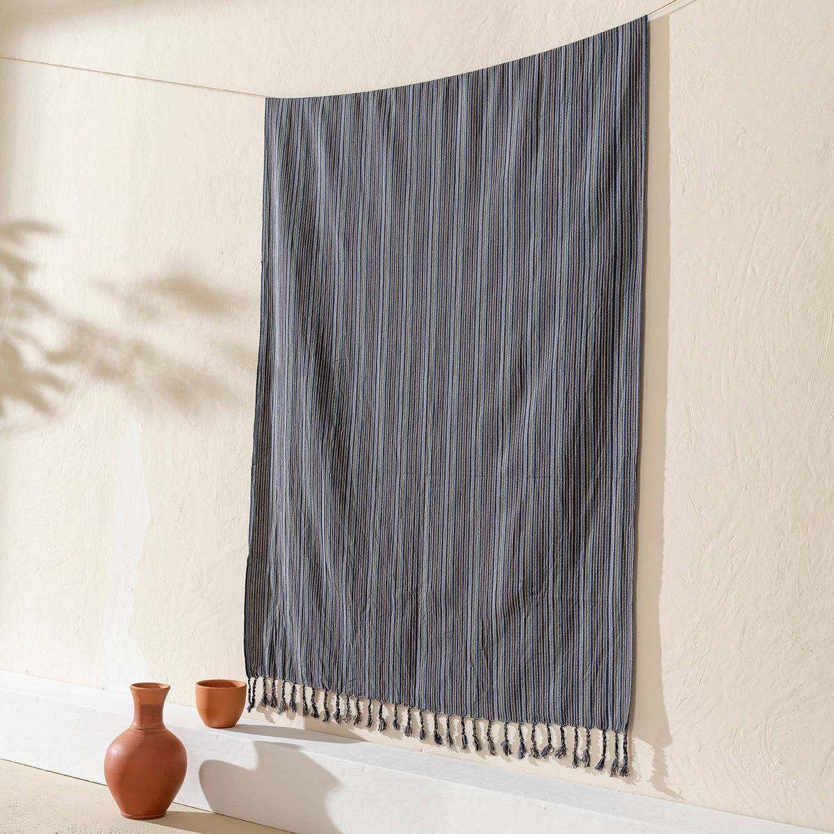Premium rustic Turkish beach towel in a charcoal ticking stripe | Kikoya