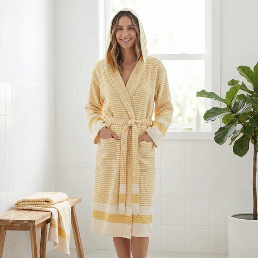 Fine stripe Turkish bathrobe – kimono, contrast border | Kikoya
